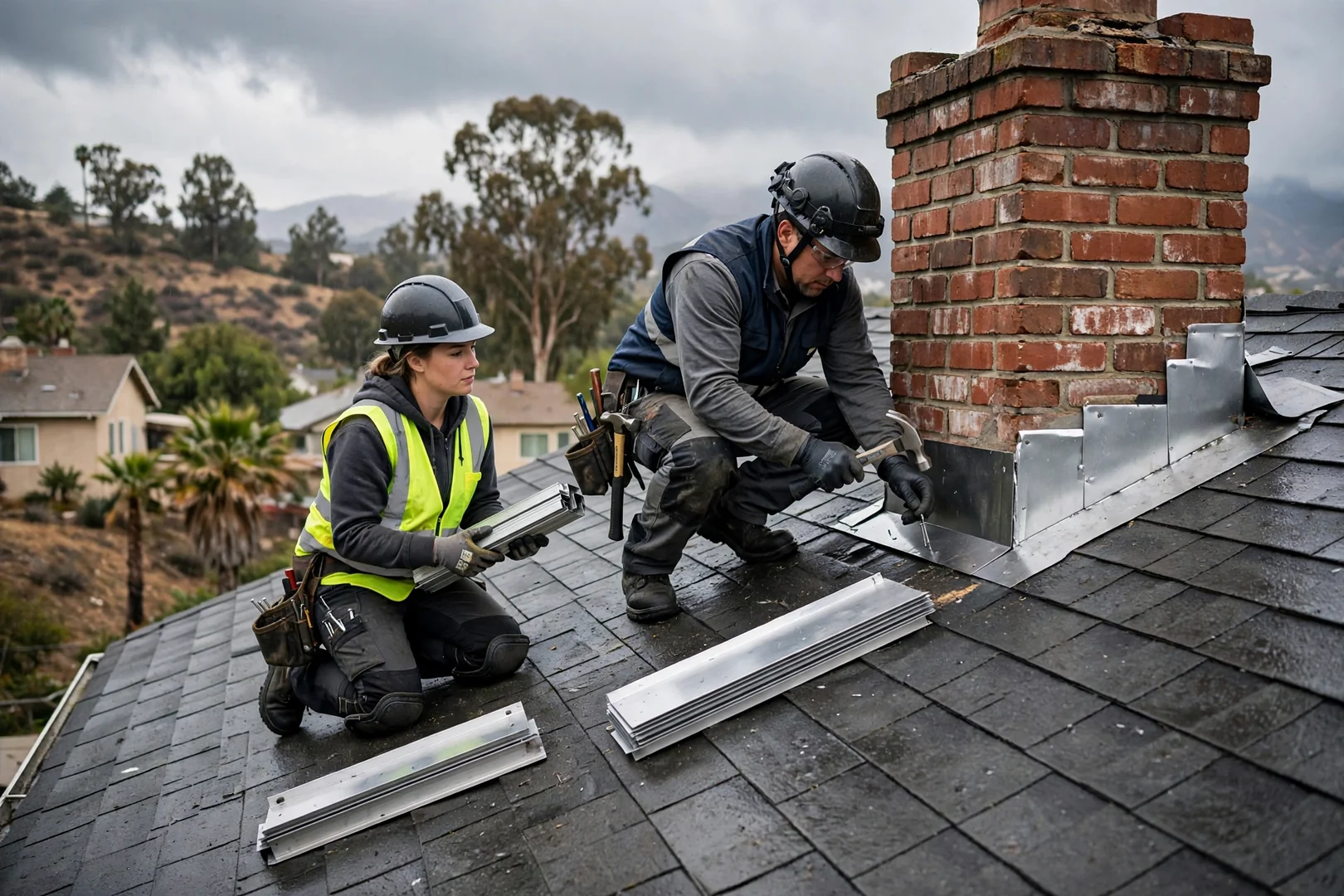 Crew installing new step flashing along a chimney sidewall during storm repair