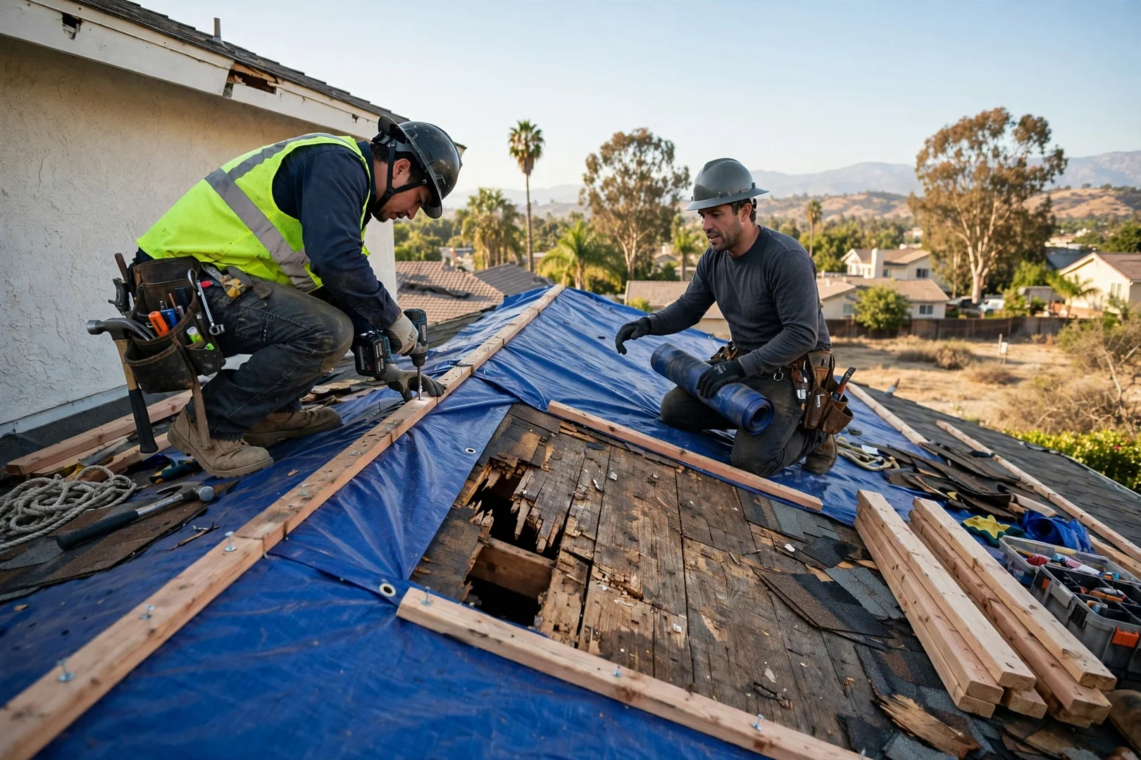 Temporary tarp secured over damaged roof decking while permanent repairs are scheduled