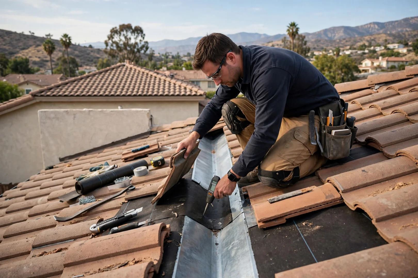 Technician checking valley metal and underlayment for water intrusion on tile roof