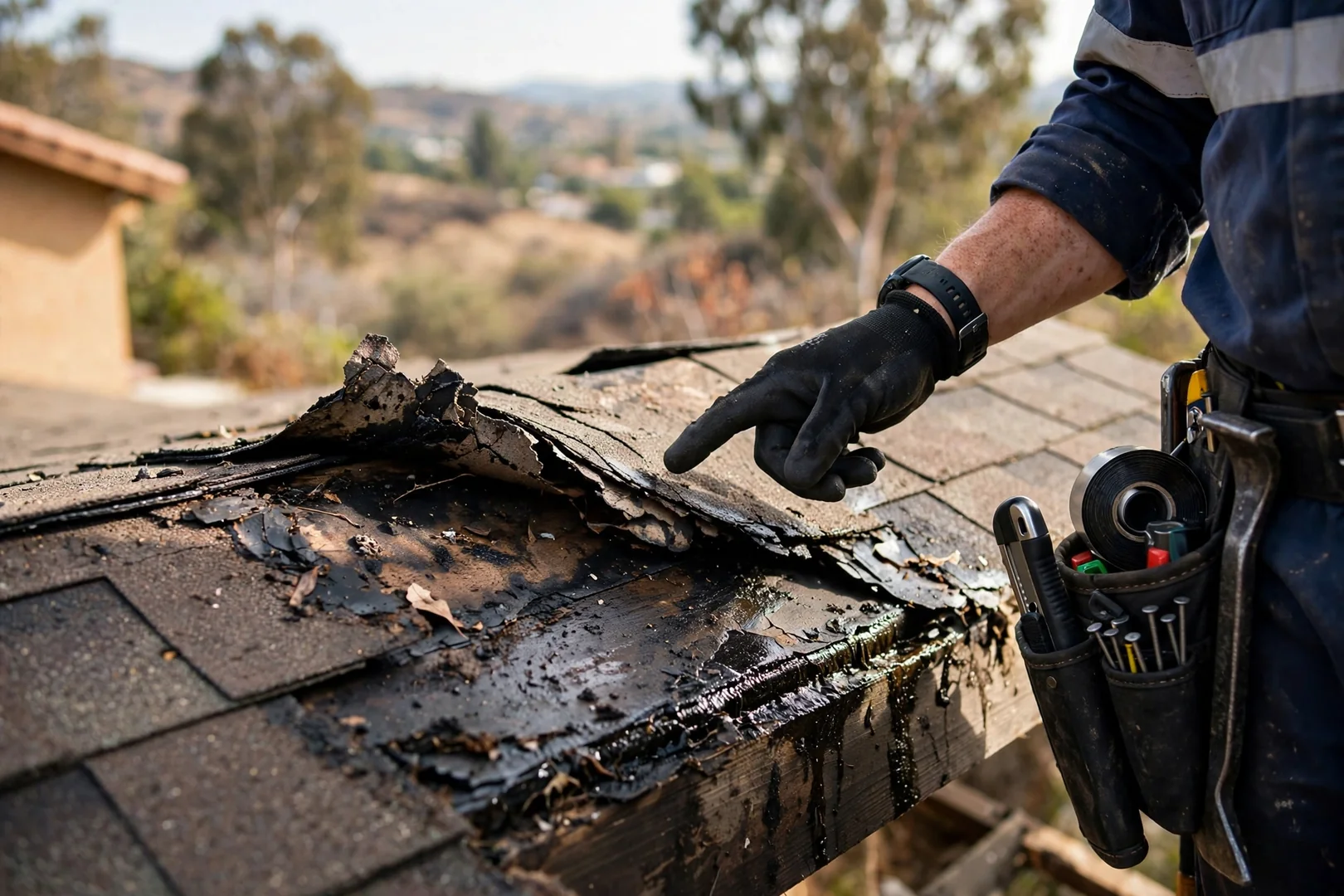 Cracked roof tile and displaced ridge cap after high wind