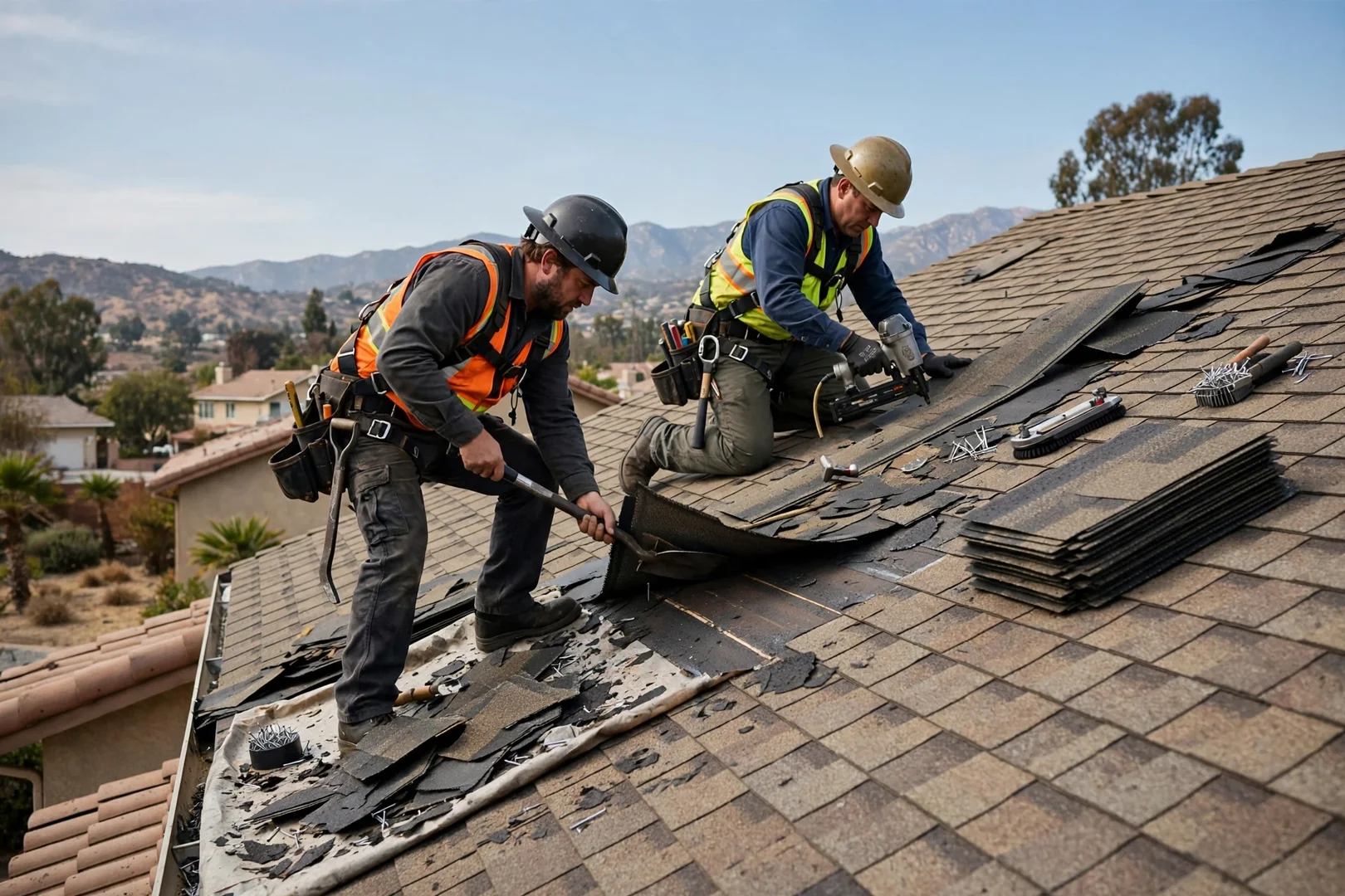 Wind-lifted asphalt shingles being replaced on a San Dimas residential roof slope