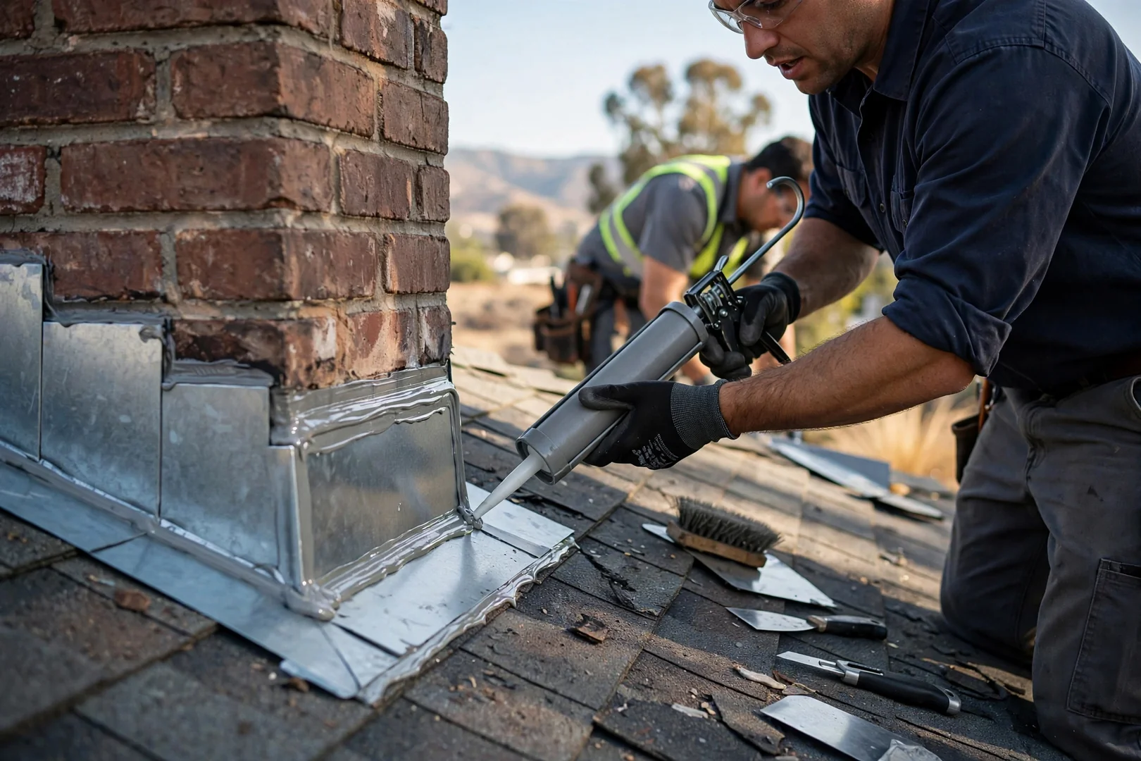 Close-up of new step flashing sealed along a chimney after storm damage repair
