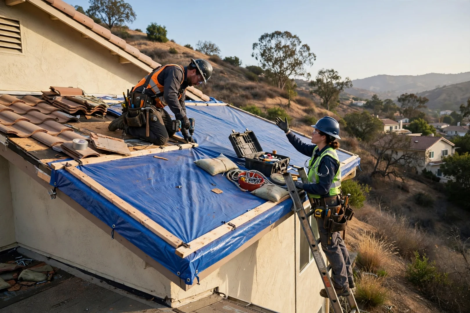 Emergency blue tarp secured over damaged roof section on a hillside home