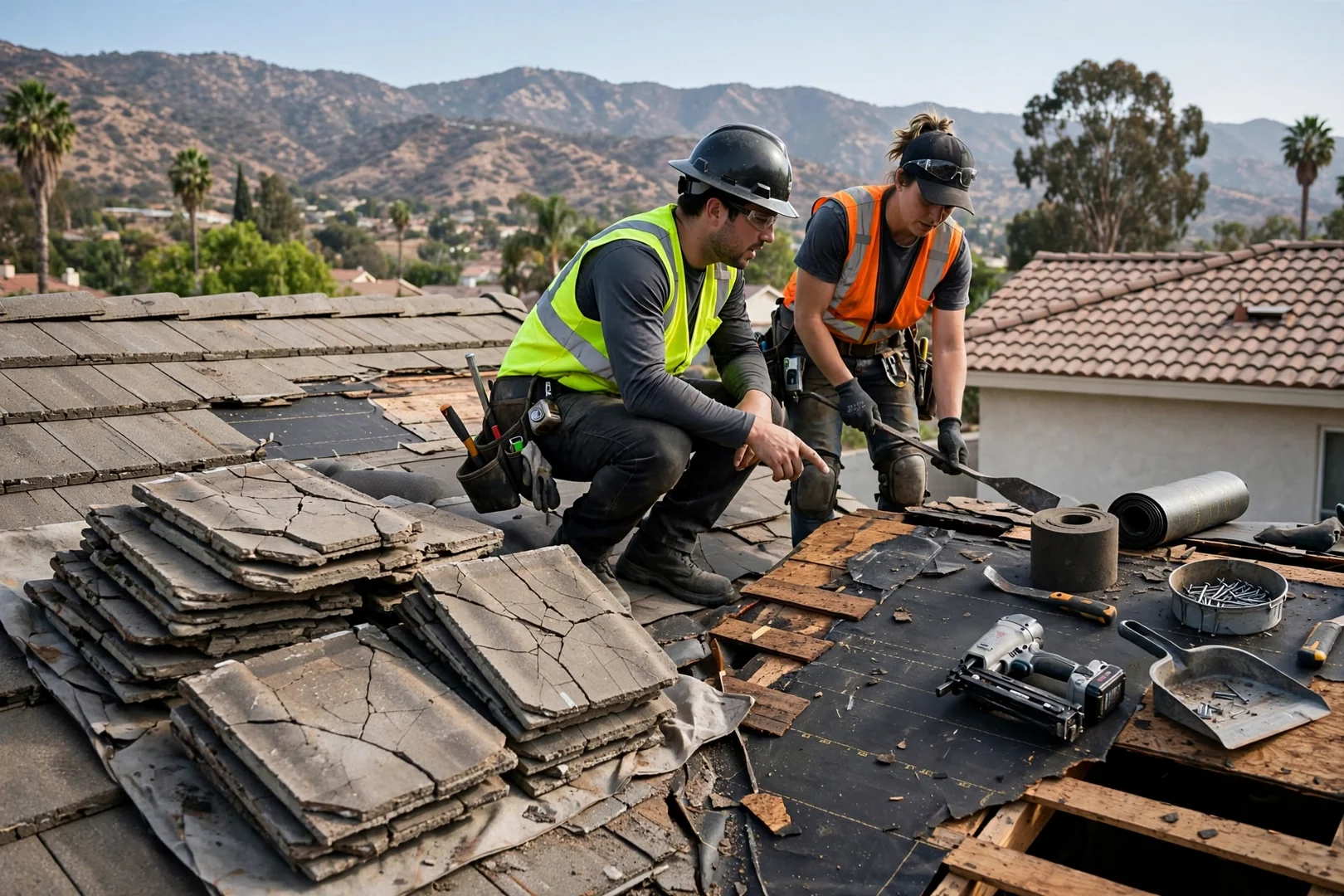 Cracked concrete roof tiles set aside during tile replacement on a San Dimas property
