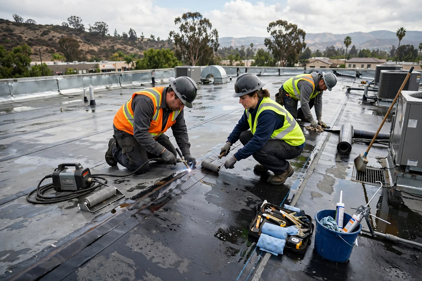 Crew resealing seams on a low-slope commercial membrane roof after heavy rain