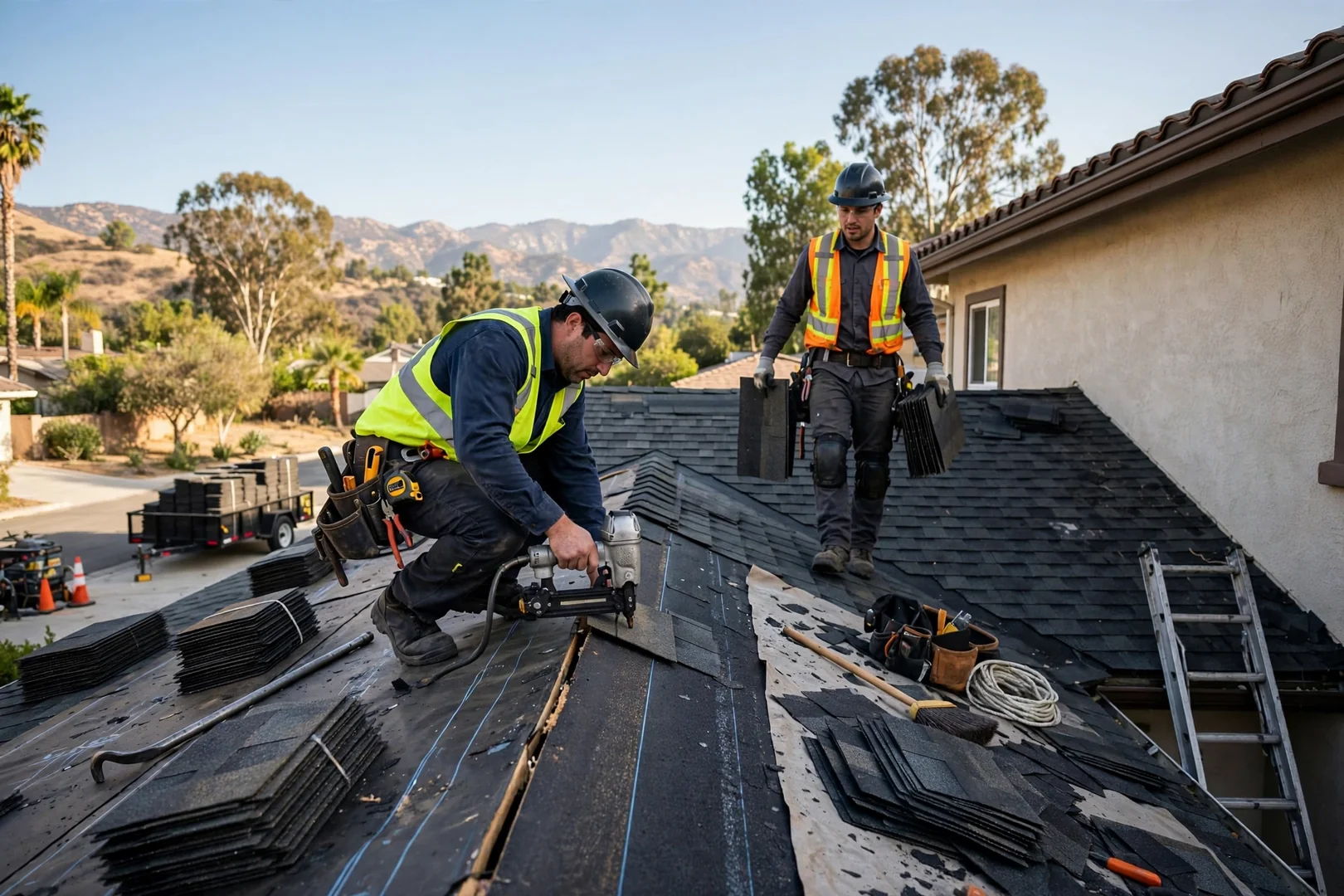 Roofing technician documenting wind-damaged shingles and flashing on a San Dimas home after a storm